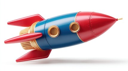 Stylized retro rocket with red fins, blue body, and gold detailing on white