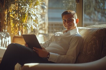 Smiling man in suit reading tablet indoors