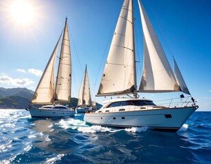 Obraz premium Three sailboats in a sunlit ocean. White sails billow, catching the breeze. Boats are light colored. Clear, sunny sky. Water is a deep blue