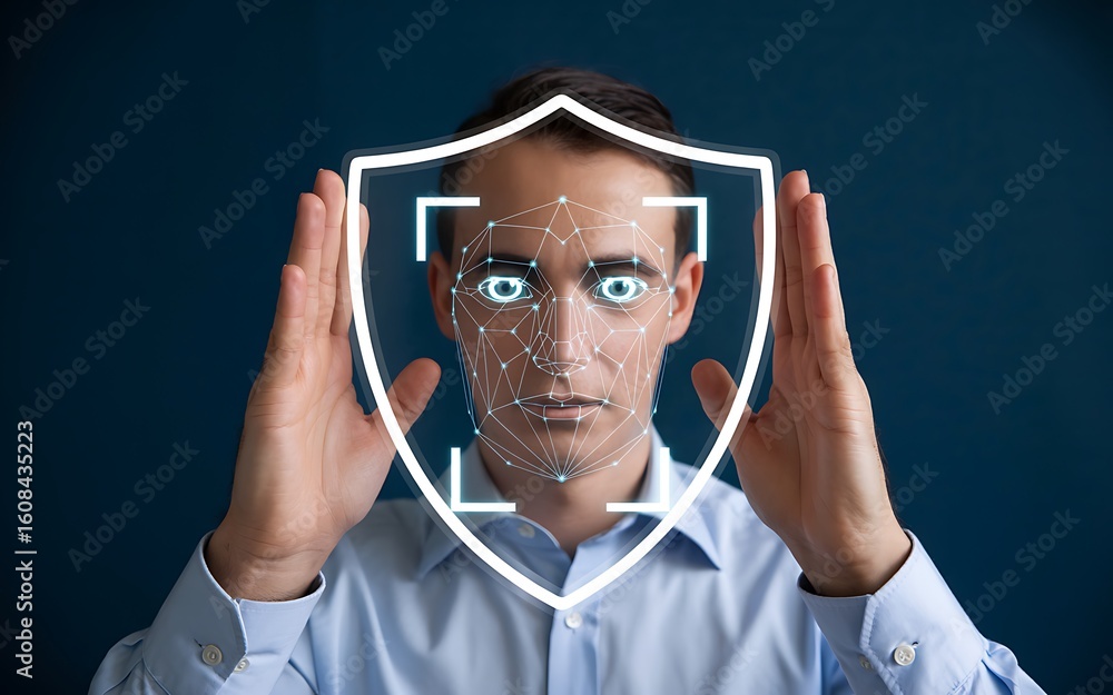 Aufkleber futuristic concept of cybersecurity and secure biometric authentication. a man's face with a digital