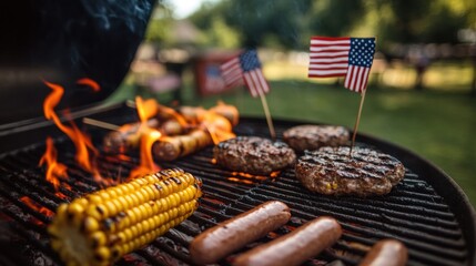 a traditional barbecue grill with flames and food like corn, burgers, and hotdogs, American flags on toothpicks, backyard party setting