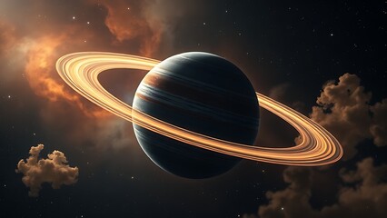 A majestic planet with glowing rings floating in a star-filled cosmic landscape.