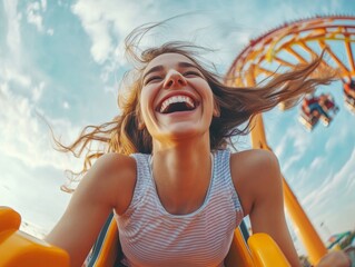 Happy woman laughing on roller coaster ride with gleeful expression, enjoying thrilling amusement park experience