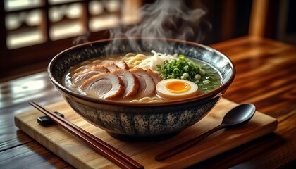 Traditional Japanese ramen with sliced pork, egg, spring onions and steam rising from the bowl, ready to be eaten with chopsticks