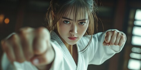 The image shows a young woman practicing taekwondo, wearing a martial arts uniform and focused on her training. Her posture suggests concentration and determination.