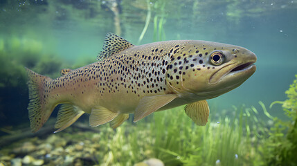 Fototapeta premium Underwater scene of trout swimming in a clear river with natural light creating a serene aquatic atmosphere.