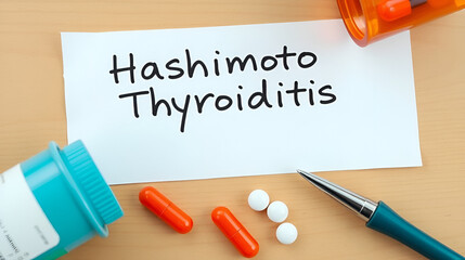 Hashimoto Thyroiditis - Diagnosis written on a piece of white paper with medication and Pills