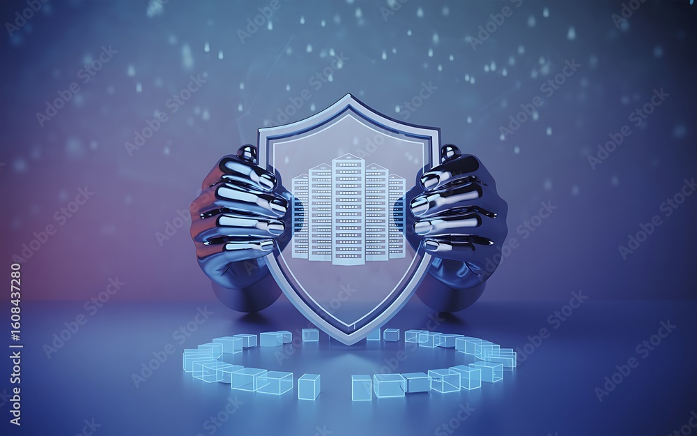 Poster a 3d rendering of robotic hands safeguarding a city skyline within a shield, illustrating the concep