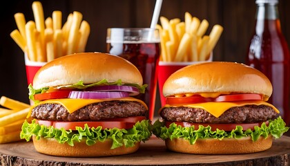 Two mouth-watering cheeseburgers, complete with melted cheese, fresh lettuce, juicy tomatoes, and crisp onions, sit alongside crispy french fries and a refreshing soda