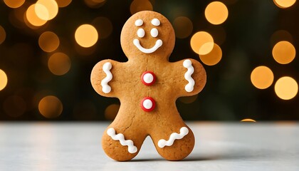 Fototapeta premium Smiling gingerbread man cookie resting against a backdrop of softly blurred Christmas lights, creating a festive and cheerful atmosphere