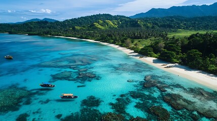 Aerial view tropical island paradise with turquoise waters for beach relaxation white sandy coast lush greenery exotic escape travel destination nature beauty concept.