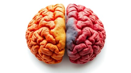 Illustration of a human brain divided into hemispheres, representing emotion and logic with warm colors.