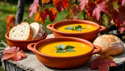 Delicious and healthy pumpkin cream is served in two terracotta bowls with bread, accompanied by autumn leaves in a beautiful fall setting
