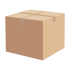 A simple brown cardboard box sealed with clear tape on a white background