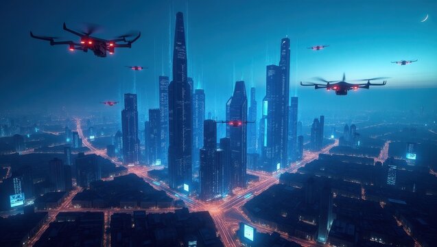 Drones Patrolling a Futuristic Cyberpunk City at Night