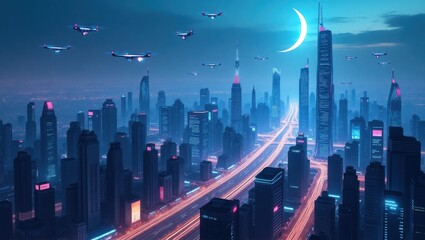 Futuristic Cityscape at Night with Flying Vehicles