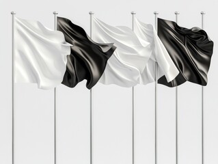 Three flags fluttering in the wind, each with a different color combination.