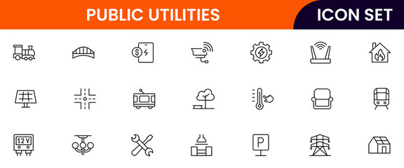 Public utilities vector line icons featuring water, electricity, gas, waste management, infrastructure, service meters, maintenance, power plants, and community resources.
