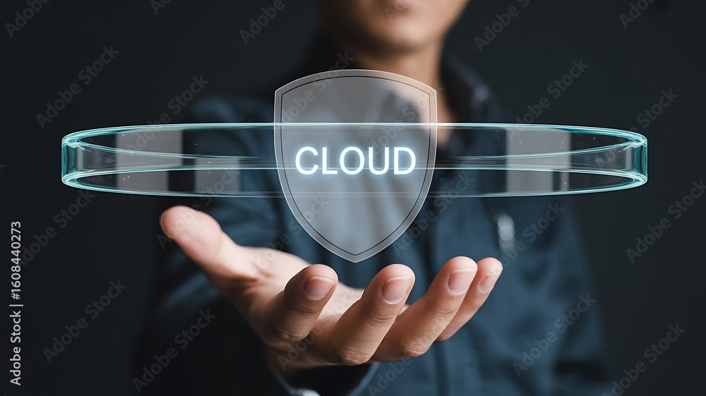 Poster a businessman's hand presents a futuristic virtual shield icon with the word cloud, symbolizing robu