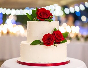 Two-tiered wedding cake with red roses