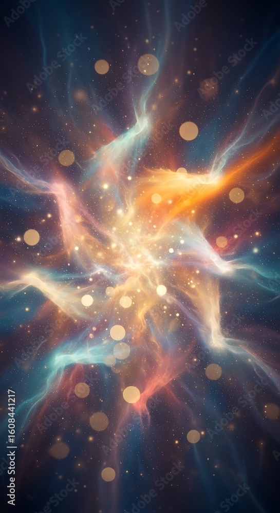 Poster abstract nebula galaxy space background with glowing light and bokeh elements