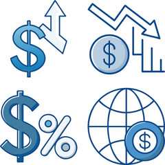 Economic icons depicting growth decline currency exchange and global financial market dynamics