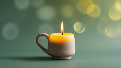 Minimalist ceramic candle glowing softly against a green bokeh backdrop
