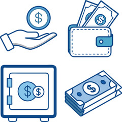 Financial icons depicting money saving and management in a simple blue color scheme