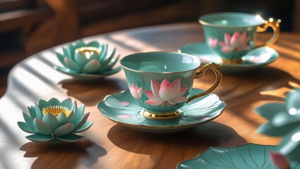 Pastel lotus teacups glow softly on wood in a serene, whimsical light