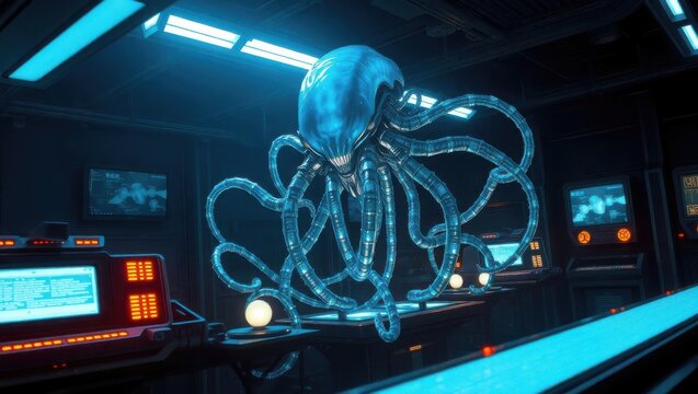 Futuristic laboratory with a blue alien creature and computer consoles in a dark environment