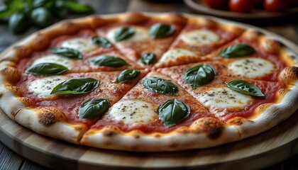 Round margherita pizza with mozzarella cheese and basil leaves on wooden board, resting on dark wooden table