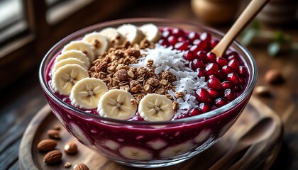 Glass bowl full of colorful acai bowl topped with banana slices, granola, pomegranate seeds and coconut flakes, offering a healthy and refreshing breakfast or snack