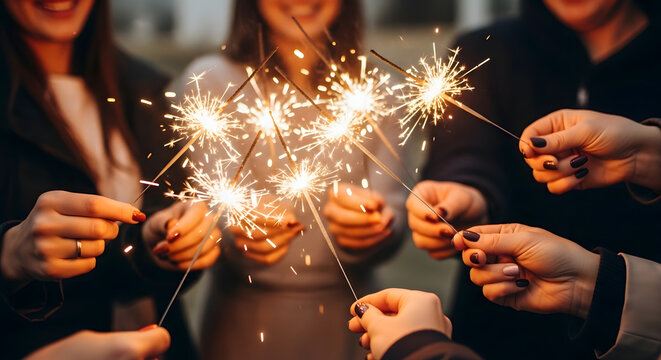 A group of friends whisked into a moment of celebration, holding burning sparklers and sharing joyful sparks.