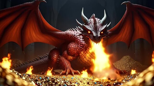 A majestic red dragon, fiercely guarding its hoard of treasure amidst a fiery inferno in a dark forest, exudes power and mythical presence.