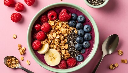 Delicious smoothie bowl topped with fresh raspberries, blueberries, banana slices, granola, and chia seeds on a pink background. Perfect for a healthy breakfast