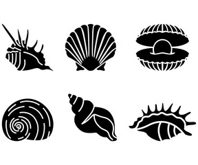 Set of different shape sea shells oyster conch silhouette underwater black and white illustration