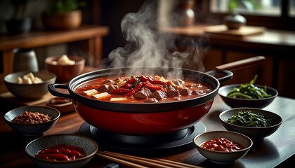 Delicious and steaming hot pot with meat, tofu, chili peppers and other ingredients, ready to be served on a wooden table