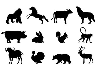 Wildlife fauna zoo animals safari Africa mammals silhouette collection hand drawn