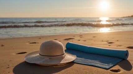 Obraz premium Sunset Beach with Straw Hat and Yoga Mat – Calm Ocean Waves and Golden Glow