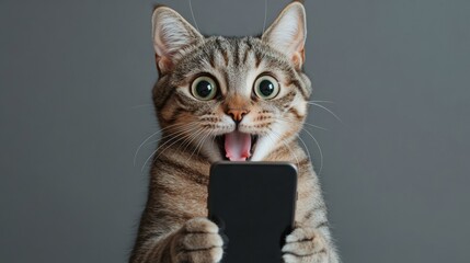 Surprised cat holding a phone, with an amazed look on its face.