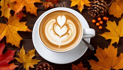 Cup of cappuccino decorated with latte art is placed on a dark wooden table surrounded by colorful autumn leaves, pine cones, and berries