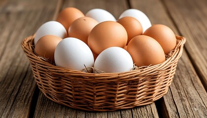 Wicker basket full of fresh brown and white eggs on rustic wooden table, representing farm fresh produce and healthy eating