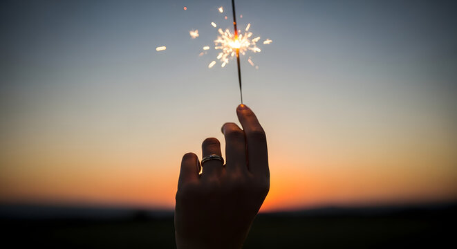 Silhouette of a hand holding a glowing sparkler against a vibrant sunset sky, a symbol of celebration and hope.