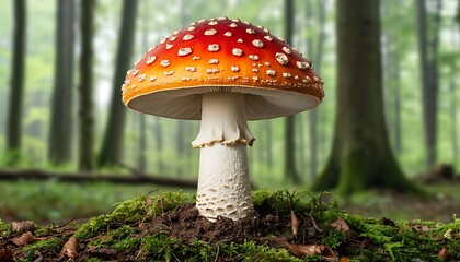 Vibrant red and white Fly Agaric mushroom thriving on a moss-covered forest floor, embodying the enchanting beauty of autumn woodlands
