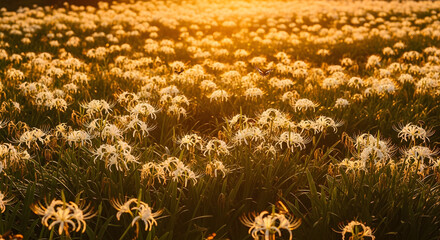 A whimsical field of delicate white flowers glowing in the warm golden light of a beautiful sunset.