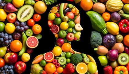 Colorful fruits and vegetables filling a human silhouette, symbolizing healthy eating and wellbeing
