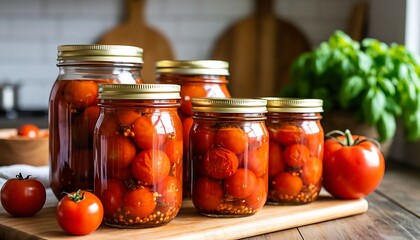 Glass jars filled with pickled tomatoes, preserving the freshness of summer's bounty for enjoyment throughout the year