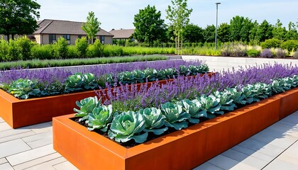 Lavender and ornamental cabbage growing in corten steel raised garden beds in a modern residential neighborhood