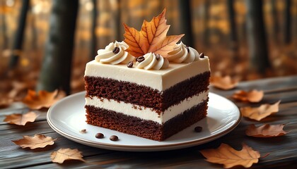 Slice of layered chocolate cake with white cream and coffee beans, decorated with a maple leaf, served on a white plate in an autumnal forest