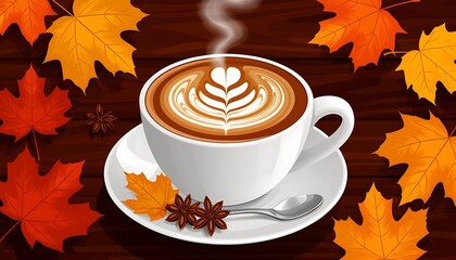 Aromatic coffee is creating warm atmosphere during fall season with colorful leaves and spices